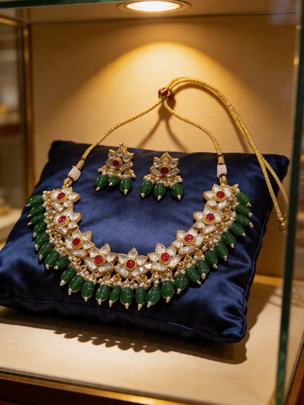 Gold-Tone Green and Red Tyani Kundan Necklace Set - Women Jewelry